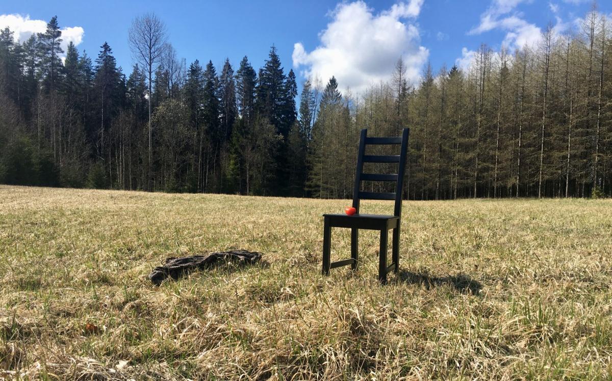 Tuoli niityllä, tuolin päällä tomaatti