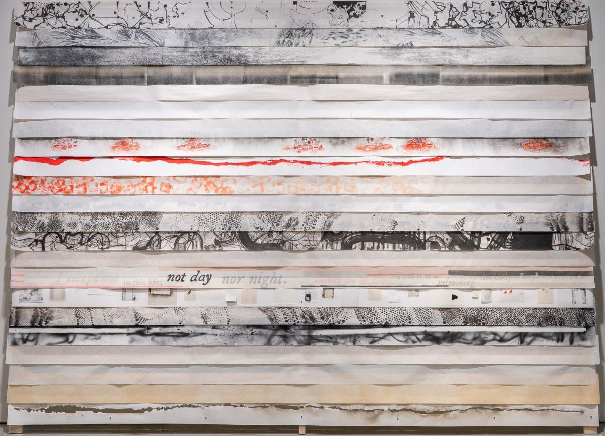 Teos Devotions upon Emergent Occasions (after John Donne), 2018, monimediainen yhteistyöteos (Taidegrafiikan opetusalue), 300 x 400 cm