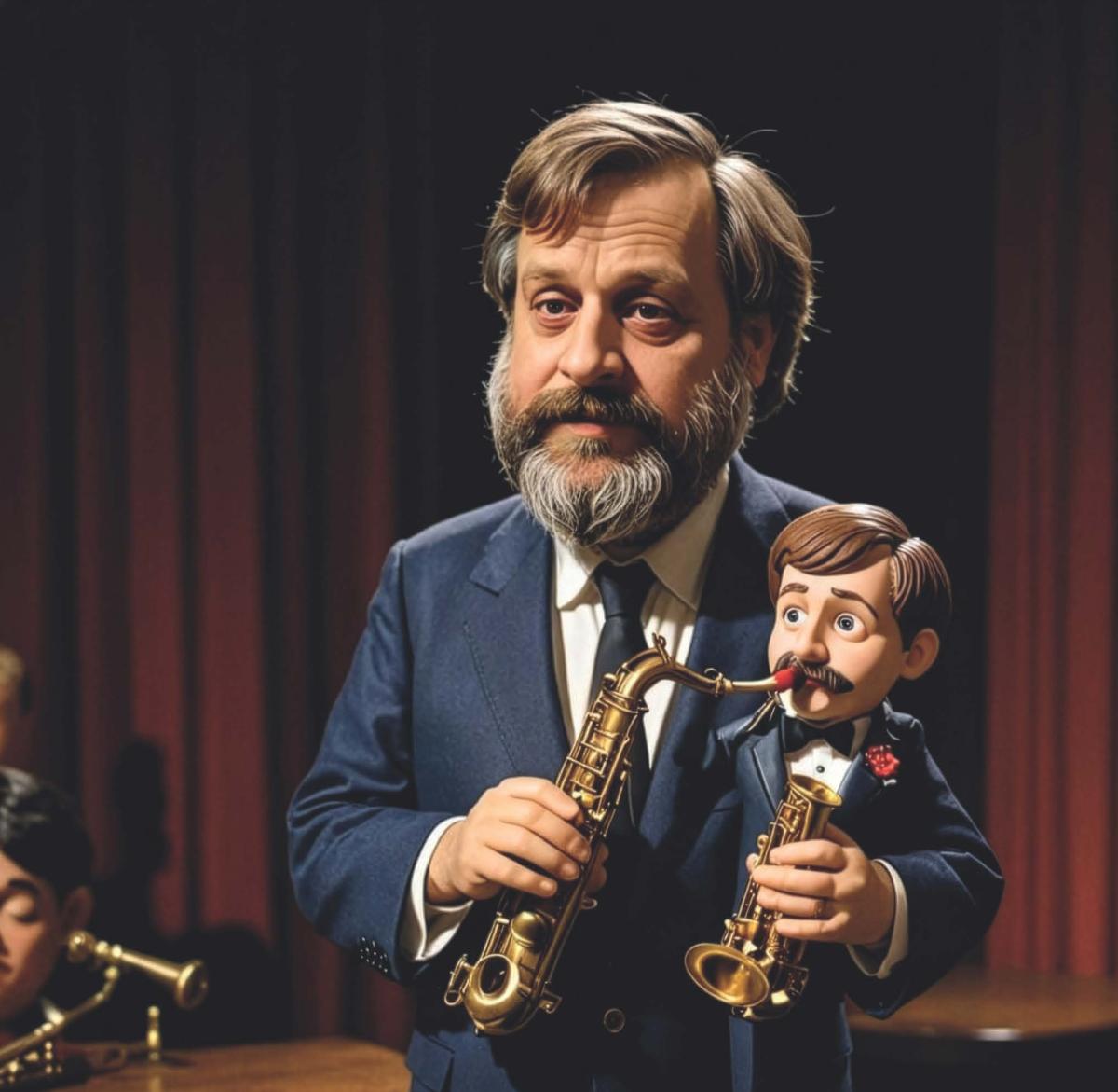 Lehden kansikuva. Mies ja vatsastapuhujan nukke soittavat saksofonia.