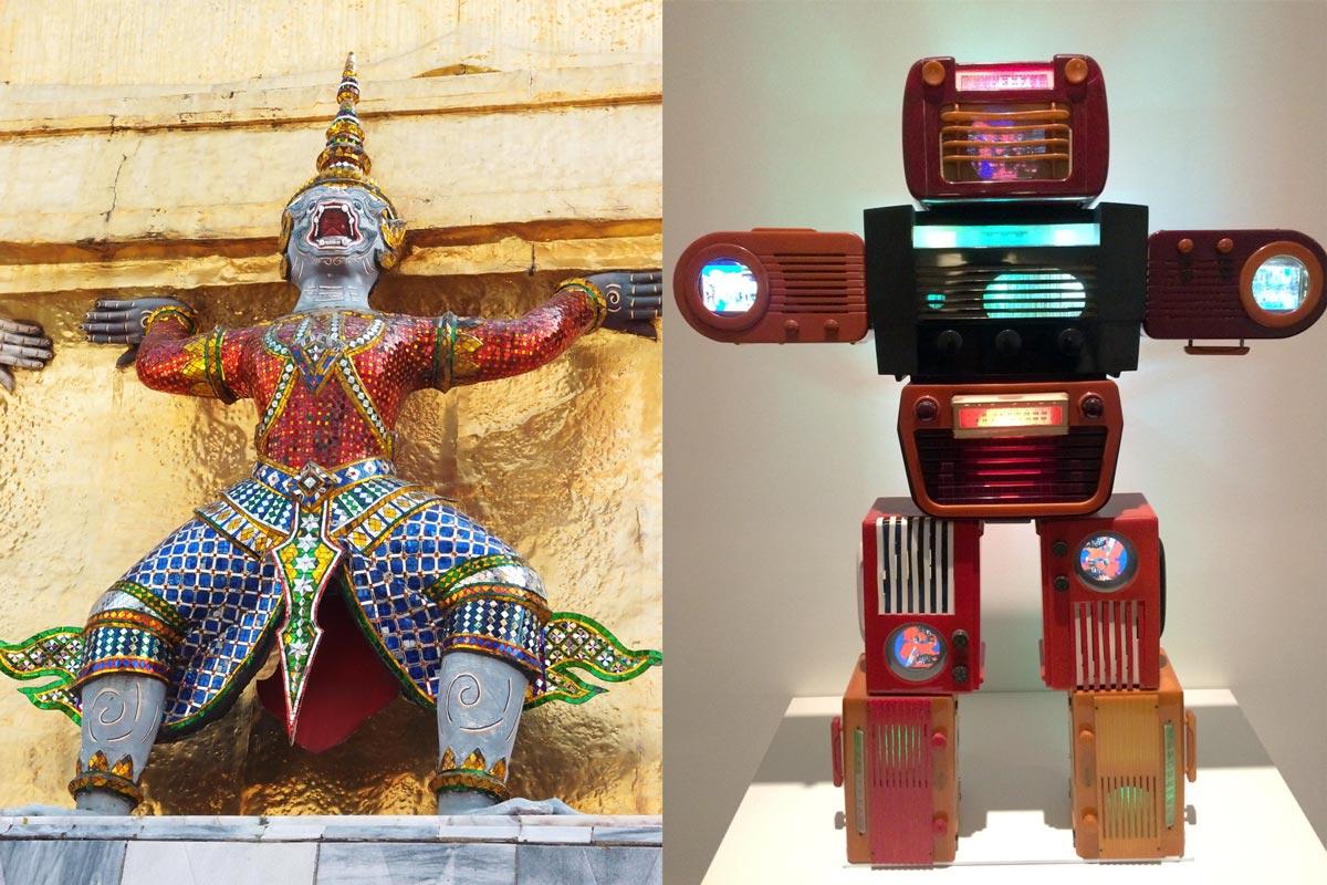 Thaimaalainen patsas ja Nam June Paikin robotti-veistos