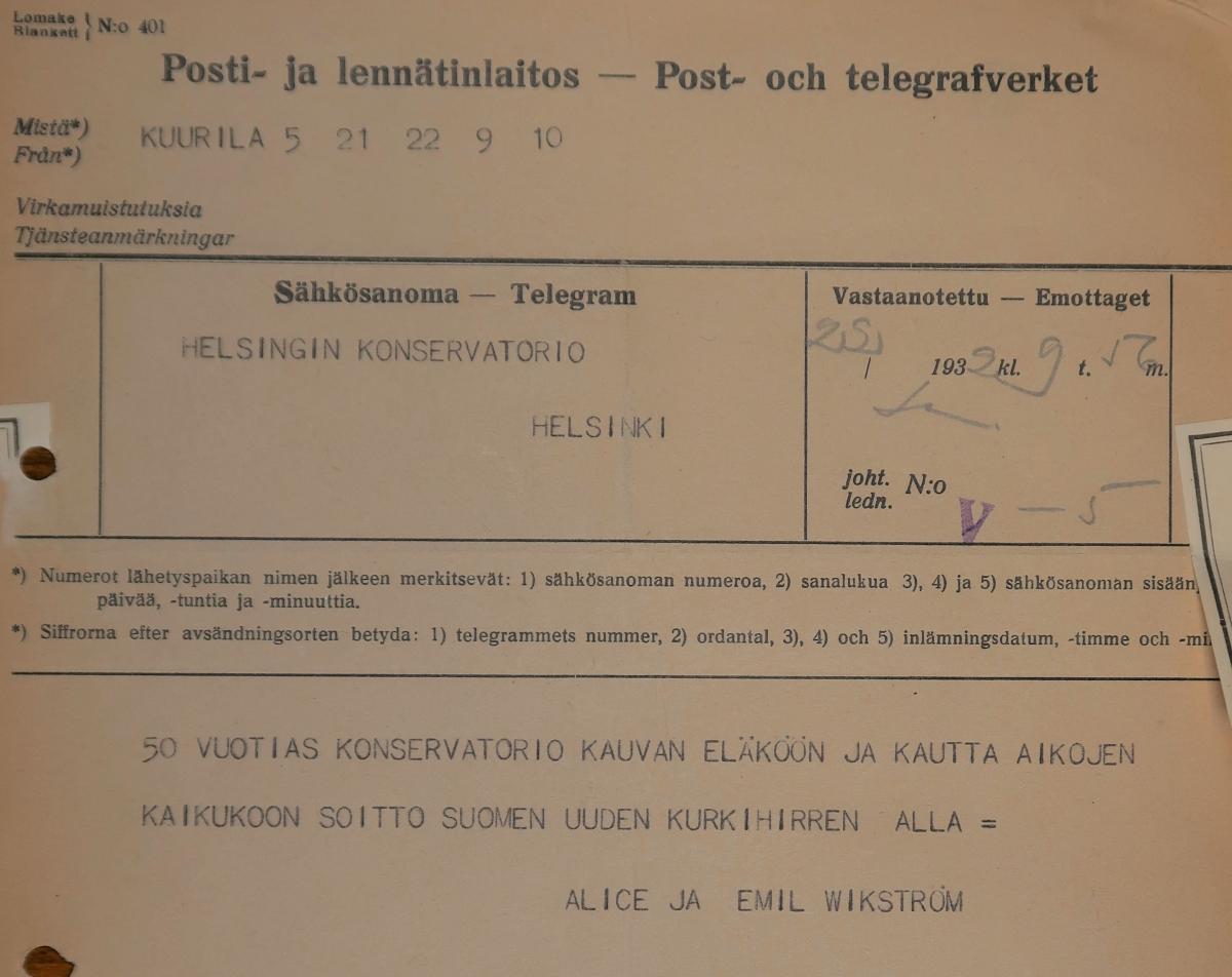 Congratulatory telegram sent by sculptor Emil Wikström and his wife Alice Wikström to the Helsinki Conservatory. 