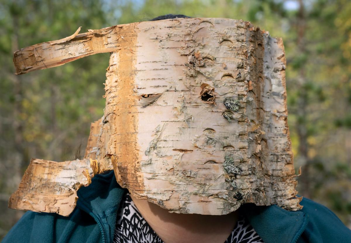 man face covered with birchbark