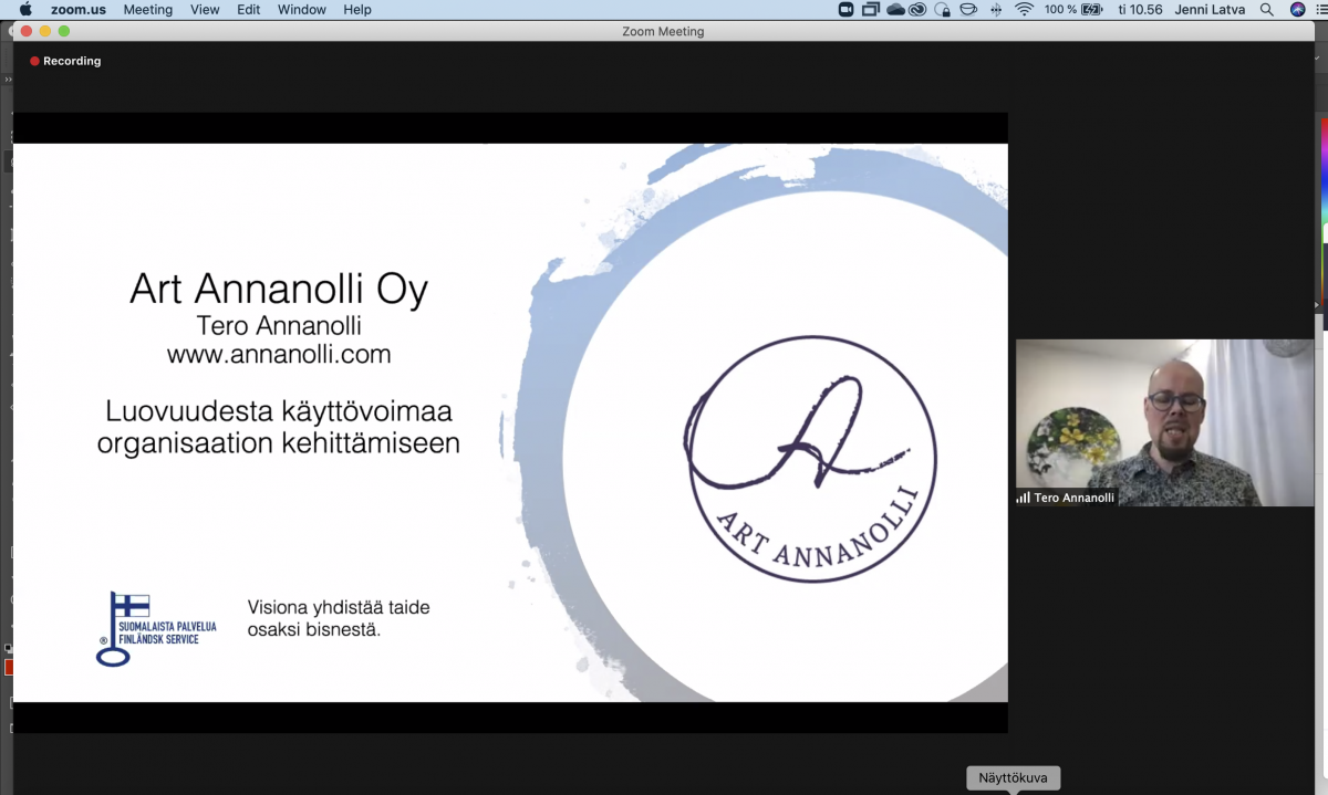 Screenshot seminaarista. Kuvassa luennoitsija Tero Annanolli ja hänen aloituskalvonsa.