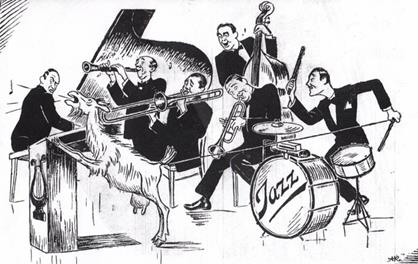 Sovetskaya Muzyka`s jazz caricature with saying, "Mister Spike Joans organized a sensational jazz orchestra featuring a goat. Who needs emotions and melody in our atomic century? Sing, goat, a requiem to art."