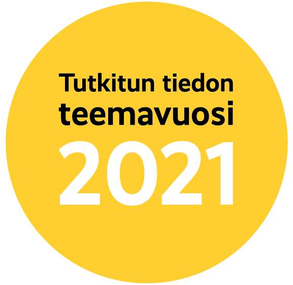 The round logo of the Year of Research-Based Knowledge 2021 in yellow, the text is in Finnish.