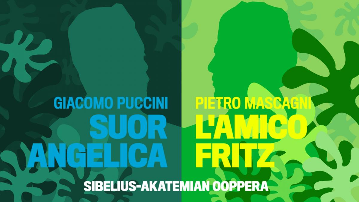 Puccinin ja Mascagnin siluetit vihreällä taustalla