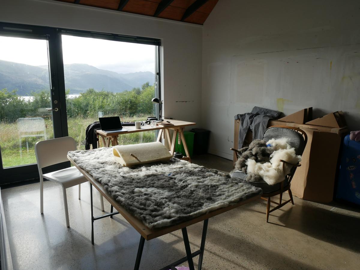 The studio at Cove Park, with Loch Long and the hills the in the background. 