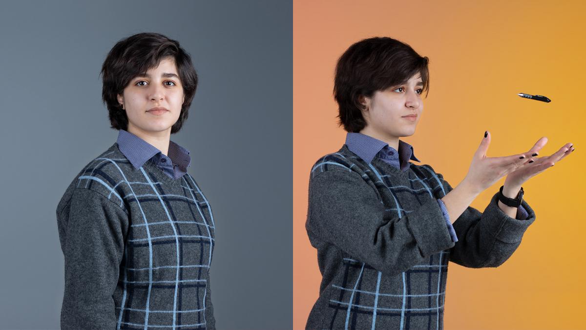 Two portraits side by side: Homa in front of a grey background and Homa levitating a pen in front of a yellow background.