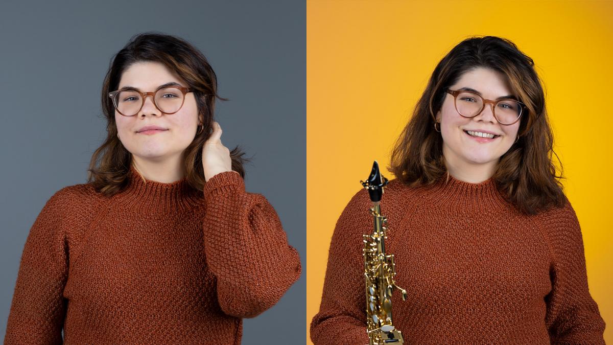 Two portraits side by side: Ita smiling in front of a grey background and Ita holding a saxophone in front of a yellow background.