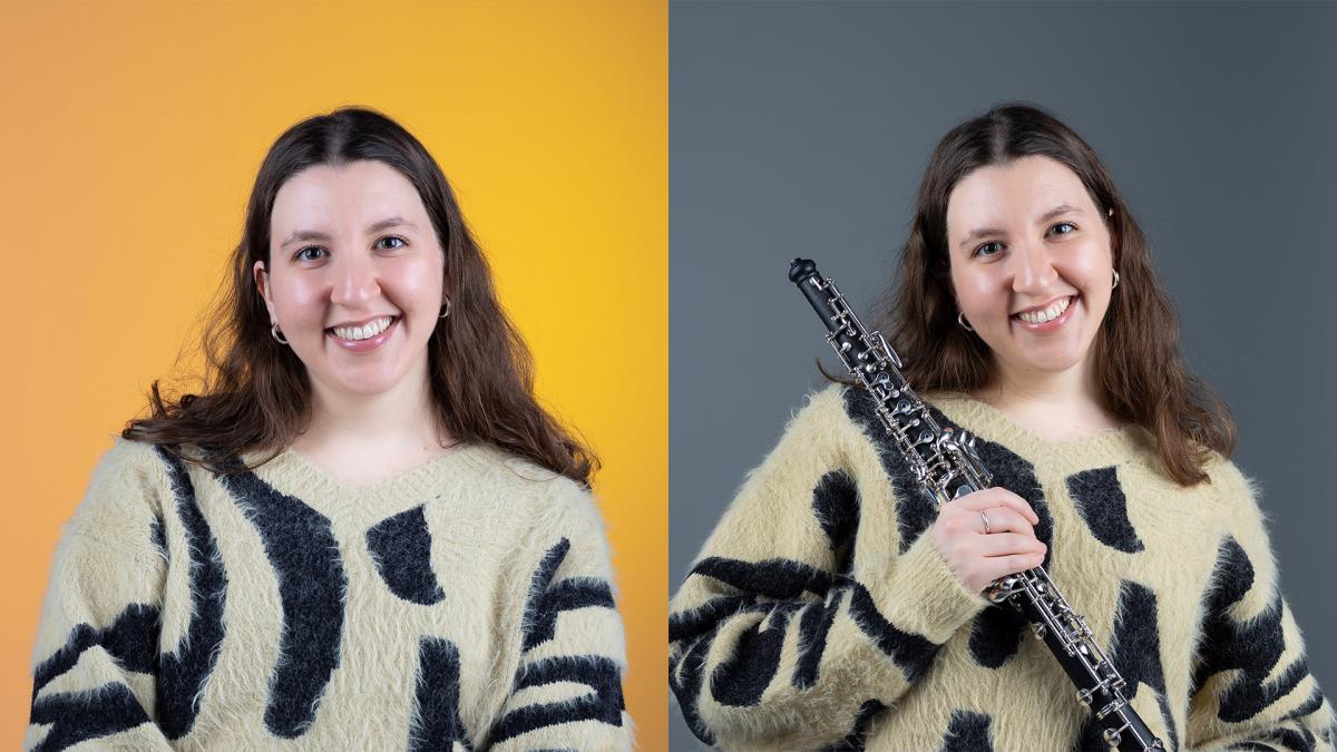 Two portraits side by side: Lucía smiling in front of a yellow background and Lucía holding an oboe in front of a grey background.