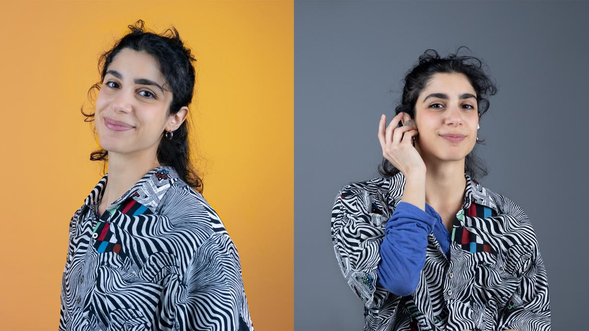 Two portraits side by side: Lydia smiling in front of a yellow background and Lydia holding a small object up to her ear in front of a grey background.