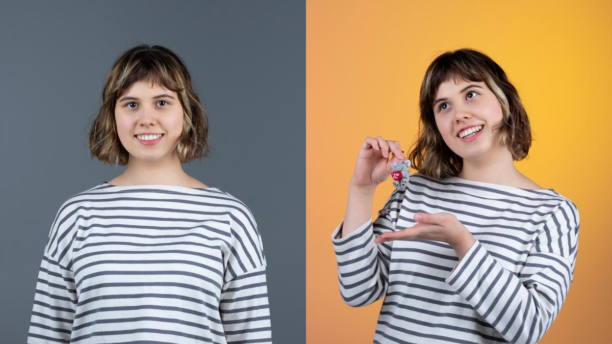 Two portraits side by side: Anastasia smiling in front of a grey background and Anastasia holding a mouse keychain in front of a yellow background.