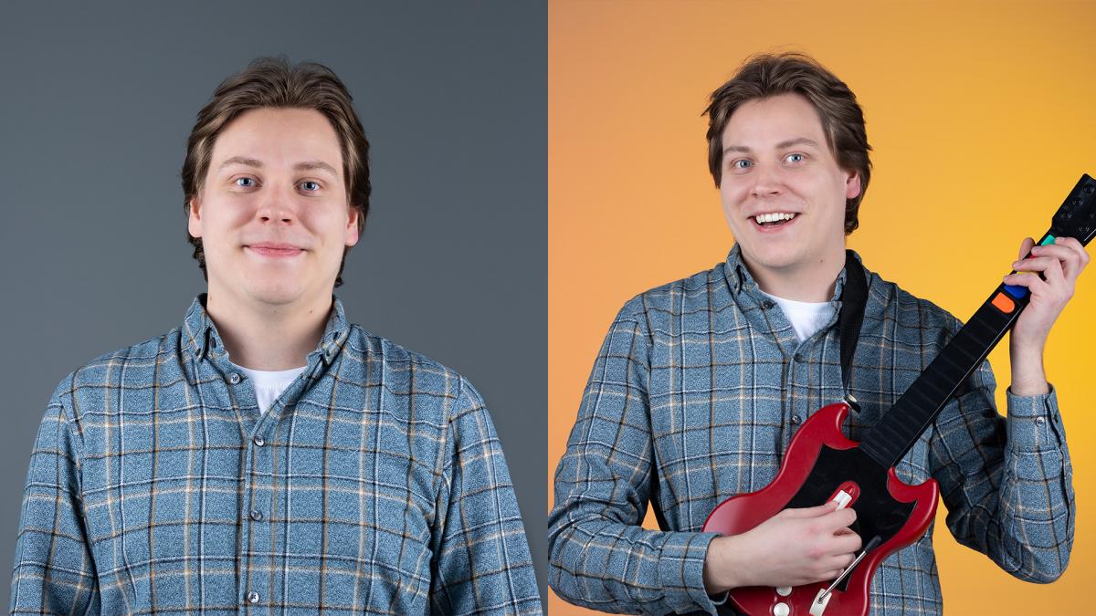 Two portraits side by side: Anton smiling in front of a grey background and Anton holding a Guitar Hero controller in front of a yellow background.