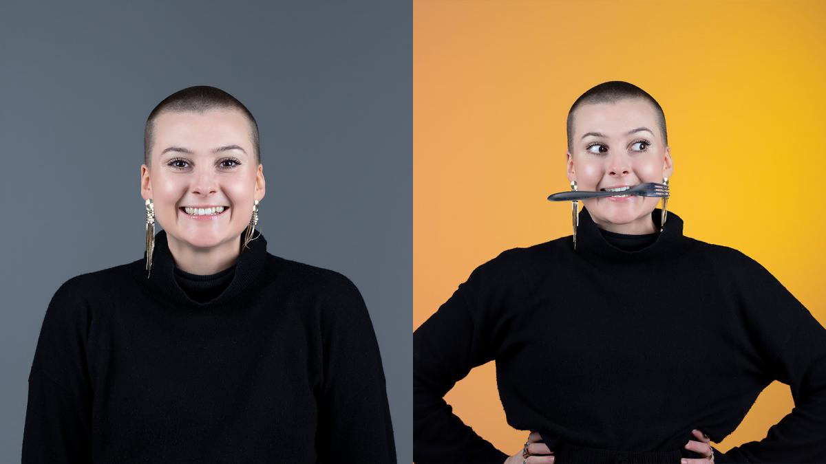 Two portraits side by side: Miina smiling in front of a grey background and Miina posing in front of a yellow background with a for in her mouth.