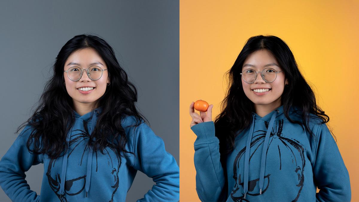 Two portraits side by side: Rong-Ci smiling in front of a grey background and Rong-Ci holding a mandarin in front of a yellow background.