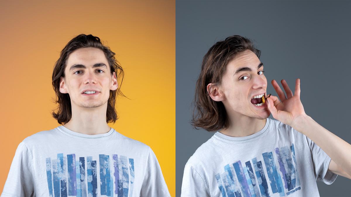 Two portraits side by side: Mark in front of a yellow background and Mark biting on a small mushroom in front of a grey background.