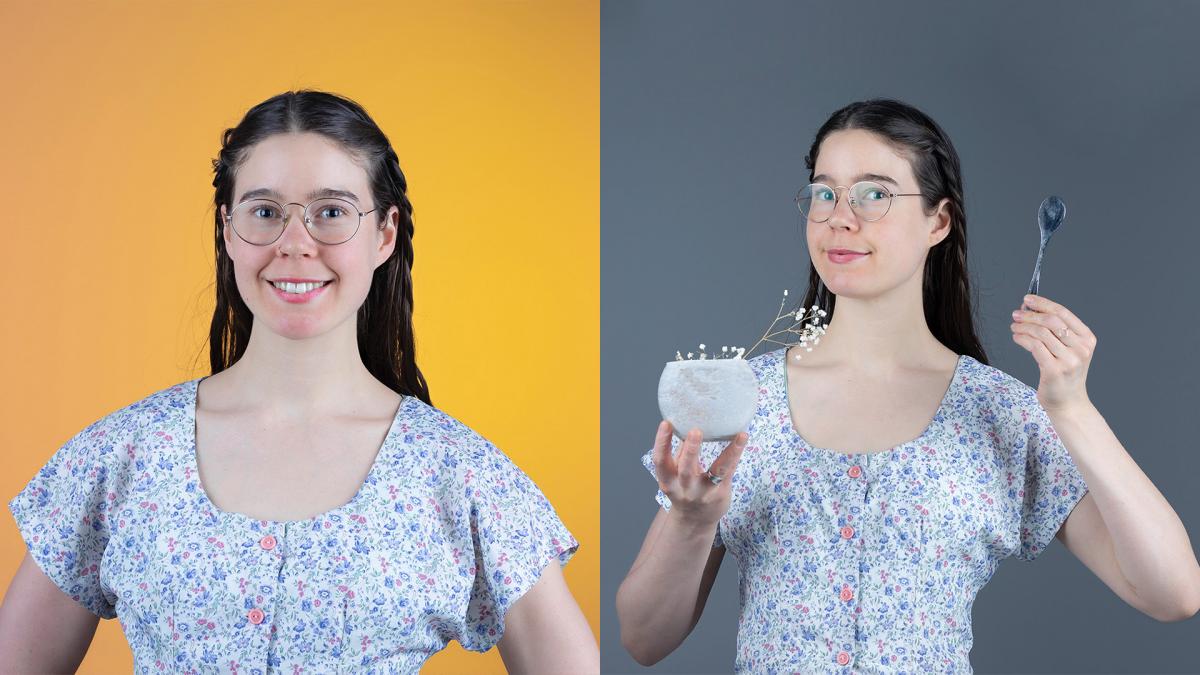 Two portraits side by side: Elle smiling in front of a yellow background and Elle holding a teaspoon and a jar in front of a grey background.