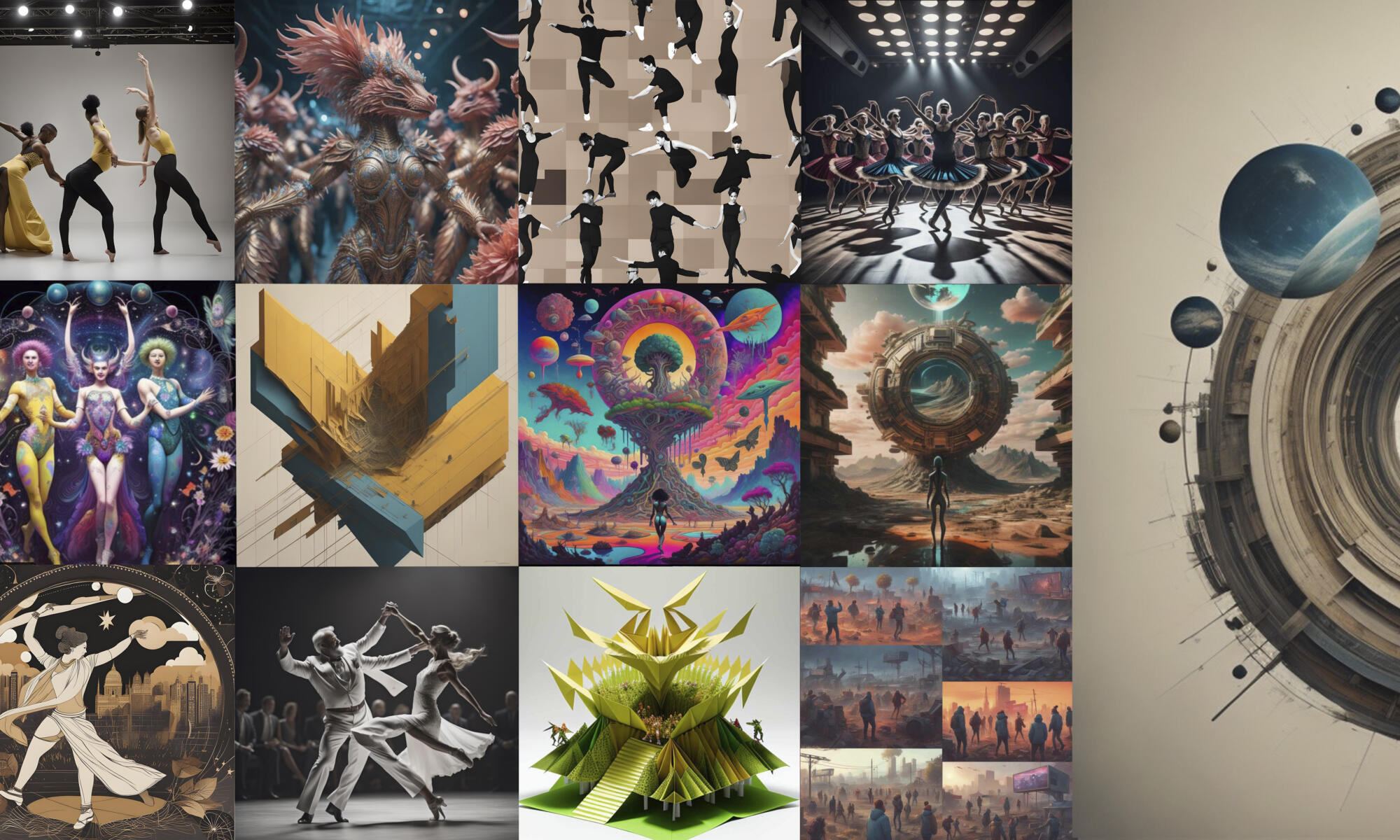 Selection of test images from a hundred visuals generated by an online creative artificial intelligence in response to the event tag words, which have been reassembled and diversified in order to thwart biases.