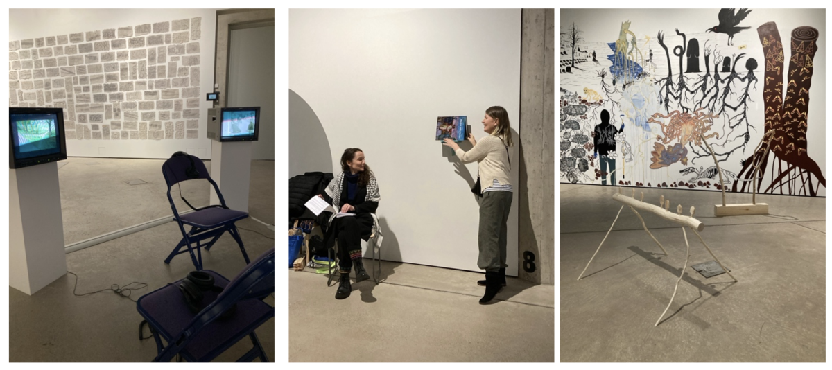 three views from the exhibition showing various installations, a discussion event and a collective mural.