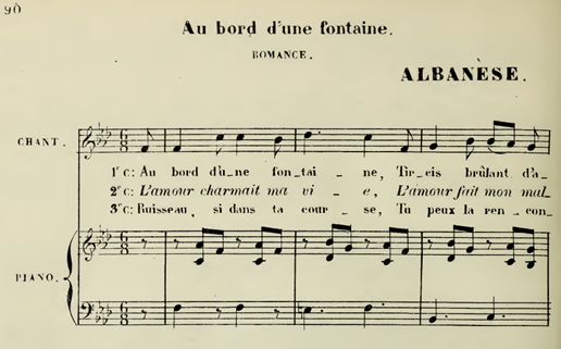 Kuvassa on ote nuoteista kappaleeseen Antoine [Antonio] Albanèse (1728–1803): Au bord d’une fontaine, kok. Échos de France, 2ème volume.