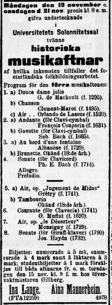 Kuvassa on konsertti-ilmoitus Hufvudstadsbladet-lehdessä 15.11.1900.