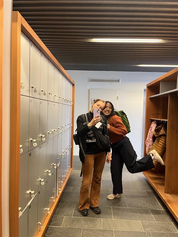 Matilda and Yesol happy together in the coat room